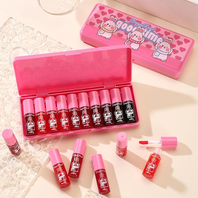 10 Colors Lip Tint Stain Set,Korean Lip Gloss,Watery Lip Stain Mini Liquid Lipstick Waterproof,Moisturizing Lip Stain Set Multi-Use Lip and Cheek Tint,Non-Stick Cup,Lightweight,Vivid Color Lip Makeup