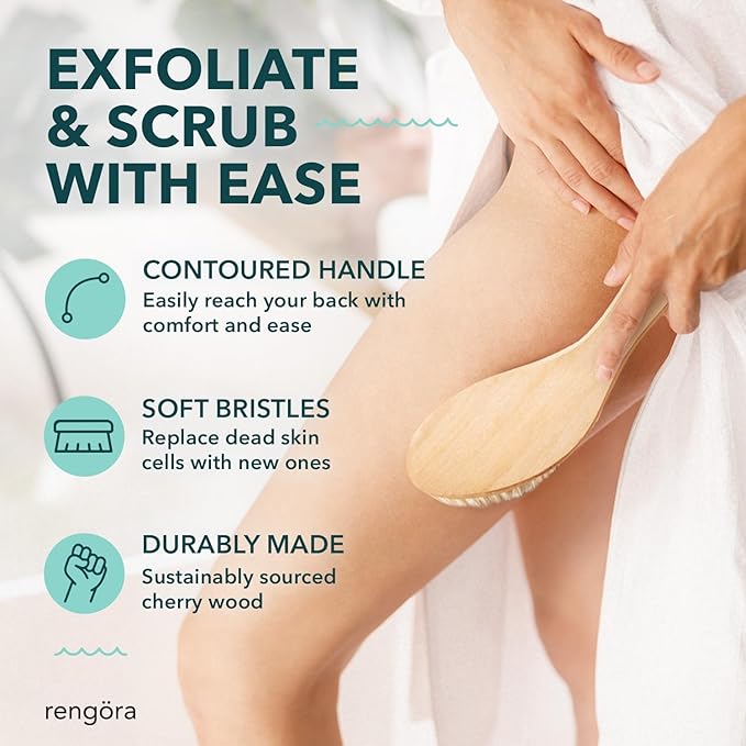 Exfoliating Back Scrubber for Shower, Dual-Use Body Scrubber for Wet/Dry Exfoliation, Dry Brushing Body Brush for Lymphatic Drainage, Natural Boar Bristles, Ergonomic Handle Cellulite Brush Gift Set