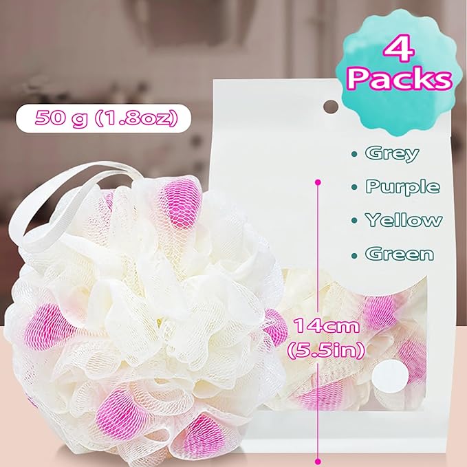 MURRI&MURRDI Body Scrubber Ball Bath Sponge, Exfoliating Loofah Shower Sponge, 4 Pack Mesh Body Sponge, Body Shower Puff Cute Shower Loofah (4 Colour)