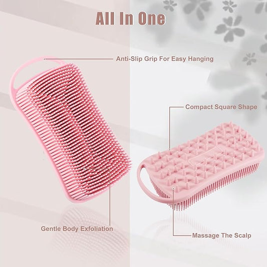VOCOSTE Silicone Body Scrubber, 2 in 1 Body Brush Hair Scalp Massager, Soft Body Scrubbers for Use in Shower, Lathers Well Exfoliating Body Scrubber for All Skin Types, Pink