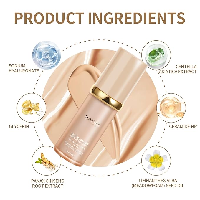 Lunora Color Adapting Foundation,4 in 1 Medium Spectrum, Moisturizing Color Change Full Coverage,Waterproof and Sweatproof