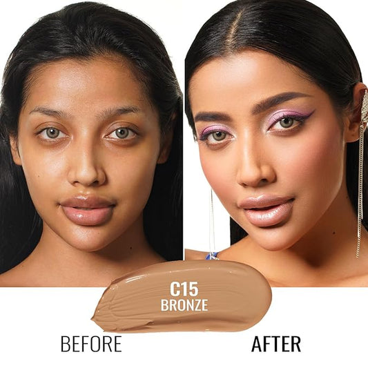 Oulac Foundation Make Up - Skincare Infused With Aloe Leaf and Vitamin E, Medium to High Coverage Liquid, Vegan 30ml, Shade: Bronze 15