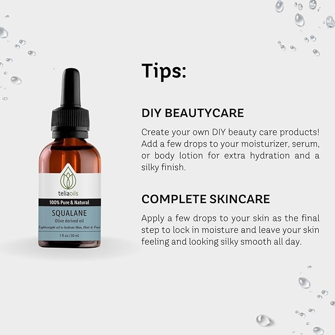 Teliaoils Squalane Oil for face – 100% Plant-Based Oil from Olives – Natural Moisturizer for Face, Skin, and Hair – Improves Skin Elasticity – Lightweight & Fast Absorbing Hydration – 1oz
