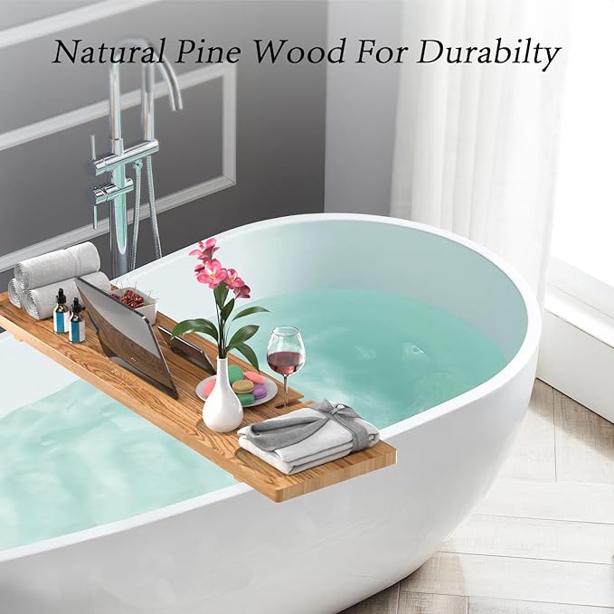 Bathtub Tray for Freestanding Bath, Solid Pine Wood Bath Tray for Tub, Bath Caddy for Home Spa, Adjustable Bathtub Trays for Tub, with Bathtub Accessories Holders, Patent Design, 35x9