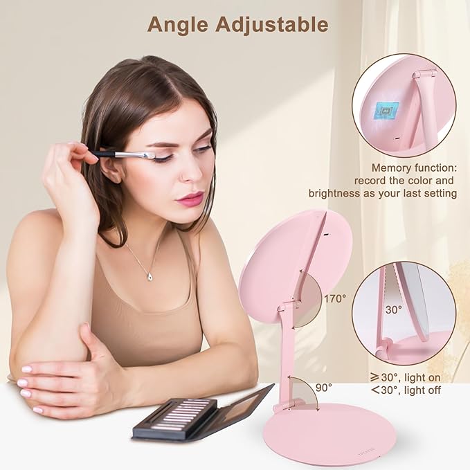 Pink Vanity Mirror with Lights and Removable 10X mirror,extendable travel makeup mirror with angle & height Adjusting Stand,Rechargeable collapsible mirror with 3 Light Colors & Stepless Dimming