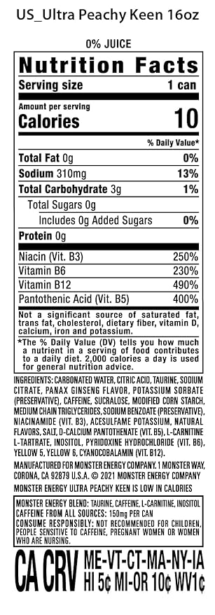 Monster Energy Ultra Peachy Keen, Sugar Free Energy Drink, 16 oz (Pack of 15)