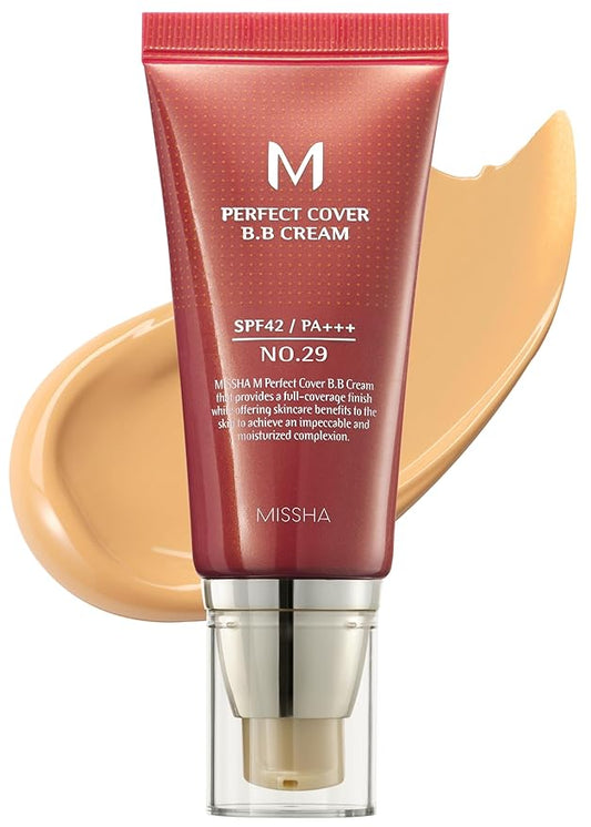 MISSHA M Perfect Cover BB Cream No.29 Caramel Beige - Medium/Tan with Warm Undertone SPF 42 PA+++ 1.69 Fl Oz - Tinted Moisturizer with SPF