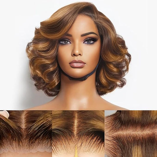 Ombre Lace Front Wig Human Hair Body Wave 7x5 Glueless Wigs Human Hair Pre Plucked Pre Cut 180% Density Wear and Go Highlight Wig Human Hair Bob 4/27 Brown Blonde Short Wigs For Women 12 Inch
