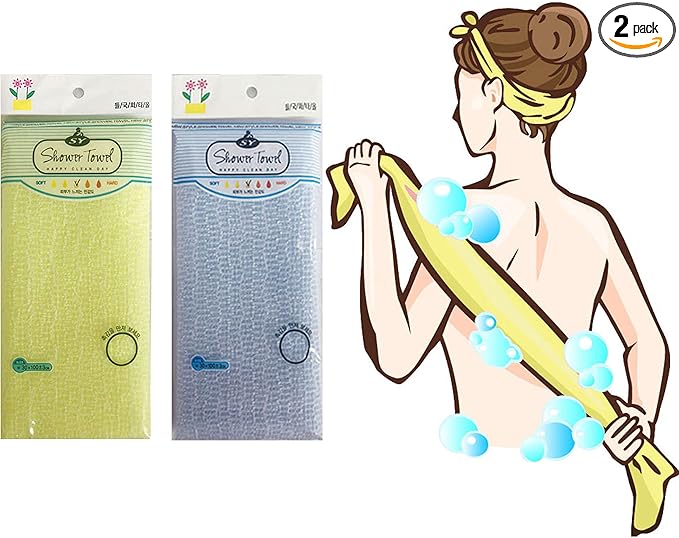 Premium Exfoliating Washcloth Towe l(2 Color-Yellow Blue) Korean Loofah Bath Sponge Long Back Scrubber African Bath Sponge African Long Net for Shower/It Becomes Softer as You use.by NOPIGO