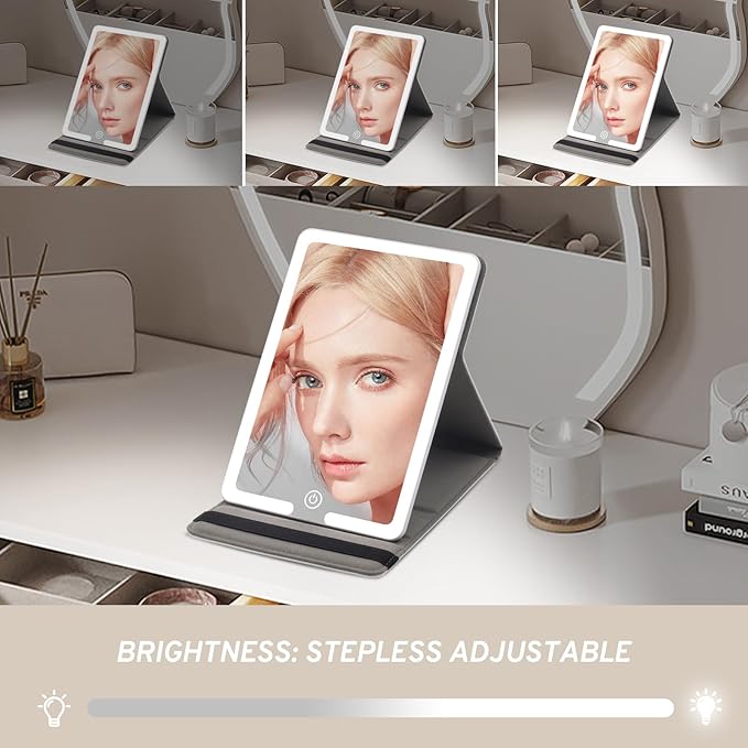 Makeup Mirror with Lights, PU Leather Travel Mirror with 3 Color Lighted Makeup Mirror with Sunflower Print, 8x5.5inch Vanity Mirror with Light Desktop Cosmetic Mirror, Lighted Travel Mirror for Women