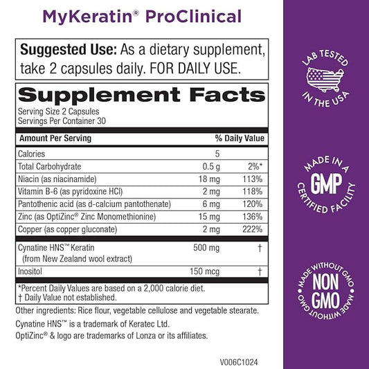 MyKeratin ProClinical Advanced Hair Therapy - Purity Products - Reduces Hair Loss & Increases Hair Strength, Shine & Luster - Next Generation Keratin Hair, Skin & Nails Super Formula - 60 Veg Capsules