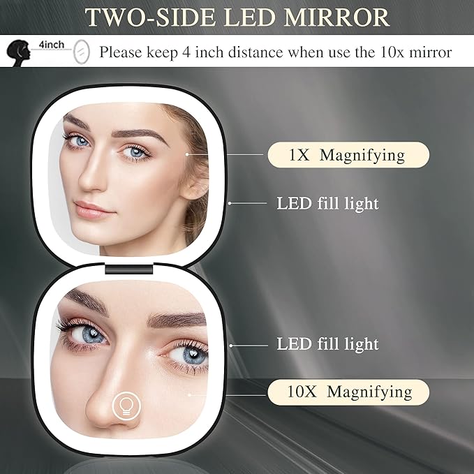 Compact Travel Makeup Mirror,1X/10X Magnifying Double Sided 3 Colours & Brightness Dimmable USB Rechargeable Touch Screen Portable LED Cosmetic Mirror for Travel/Purse/Office,Black