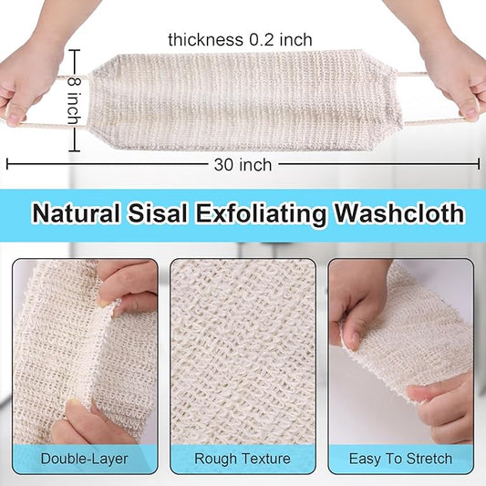 Sisal Exfoliating Washcloth Loofah Back Washer Scrubber for Men and Women, Thickness 0.2" Double Layer Double Sided Shower Scrub Bath Straps, Natural Hemp Net Sponge Exfoliating Towel with Handle