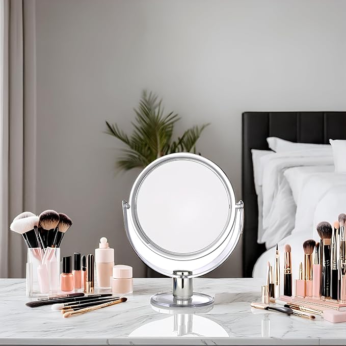 BNYD Vanity Makeup Mirror with Stand – Double Sided 1X/2X Magnification, 360° Swivel Desk Mirror, Portable Tabletop Magnifying Mirror for Bathroom, Bedroom, or Travel
