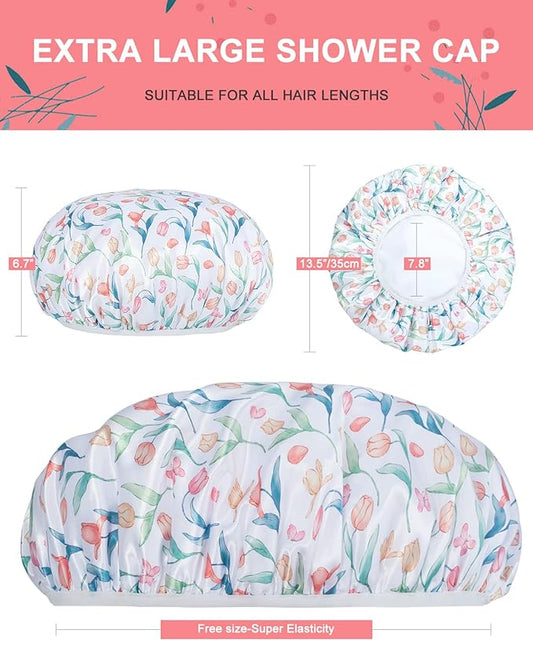 Shower Cap, Terry lined Reusable shower caps, Large Shower Cap for Women, Waterproof Hair cap Triple Layer Shower Caps for Long Thick Hair