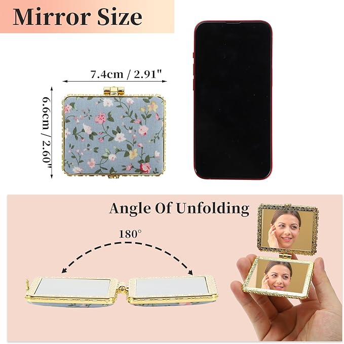 VOCOSTE Floral Compact Mirror - Folding Mini Travel Pocket Mirror for Women, Blue, Square