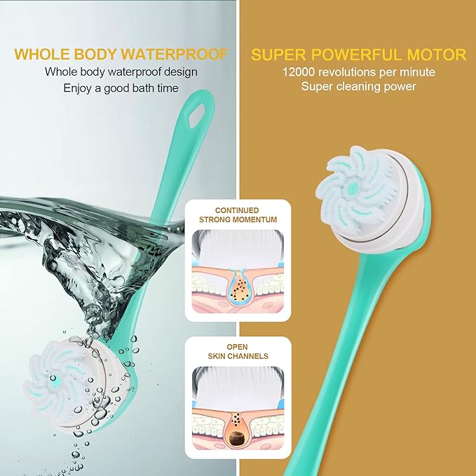 Electric Shower Body Brush, 5 in 1 Back Brush Long Handle for Shower Brush, Used for Body Cleaning Exfoliating Massage, Body Scrubber with 5 Rotating Brush Heads