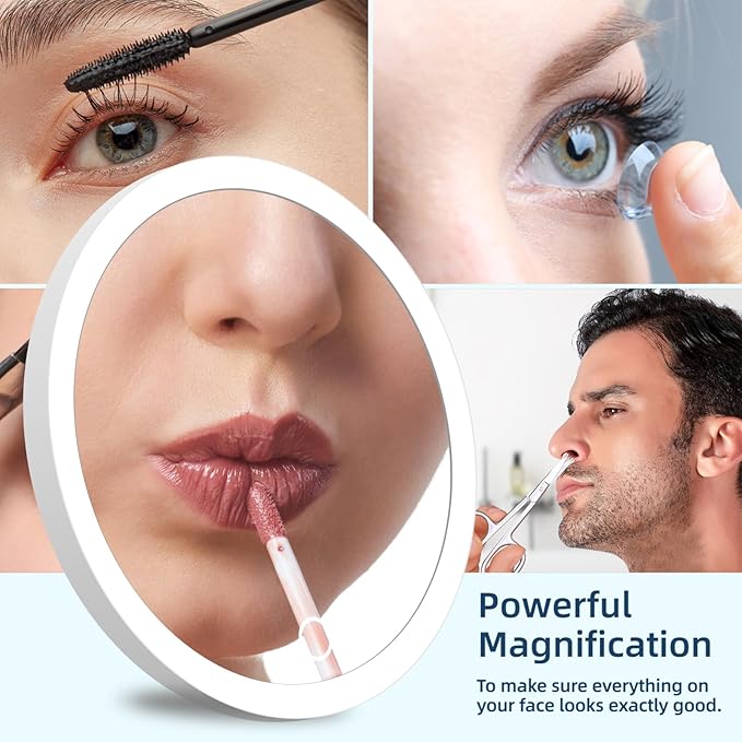 10X Magnifying Mirror with Lights, 10x Magnified Mirror with 3 Suction Cups, 3 Color Dimmable Lighted Makeup Magnification 6inch Travel 10X Magnification with Tweezers & Scissors