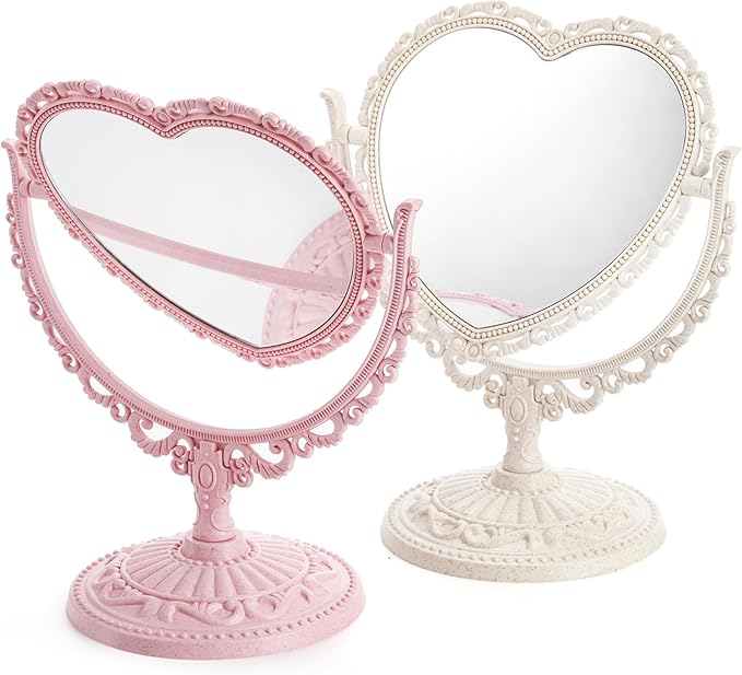DEAYOU 4 Pack Heart Shaped Cosmetic Mirror, Vintage Vanity Tabletop Mirror with Double Sided, Rotatable Dresser Mirrors with Stand for Makeup, Girl, Women, Beauty, Spa Party, 4 Color