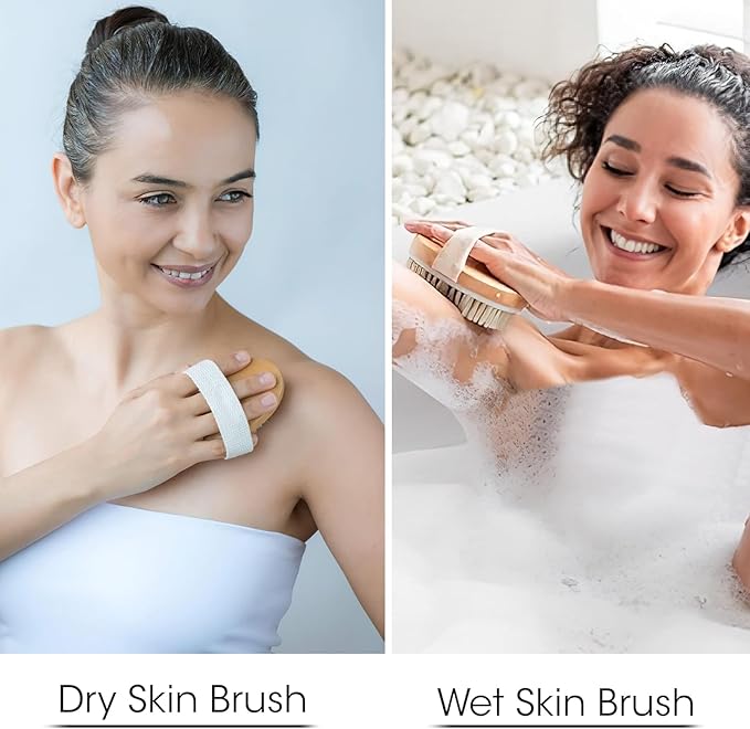OPAZ Dry Body Brush 2 Pack – Natural Boar Bristles Exfoliating Brushing for Lymphatic Drainage, Cellulite, Acne Wooden Scrub with Strap for Bath, Shower & Self-Care