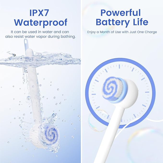 Electric Shower Brush for Body Back Scrubber, Automatic Body Scrubber, Rechargeable Bath Brush with 2 Heads, 3 Speeds & Waterproof, for Cleansing, Massaging, Exfoliating, Coconut Milk White