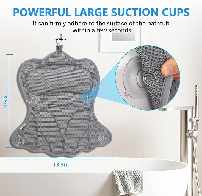 REEZEIVI Bath Pillows for Tub,Bath Pillow with 6 Non-Slip Suction Cups,Soft 4D Mesh Fabric,Bathtub Pillows for Tub Neck and Back Support,Extra Thick Luxury Bathtub Pillows,Grey