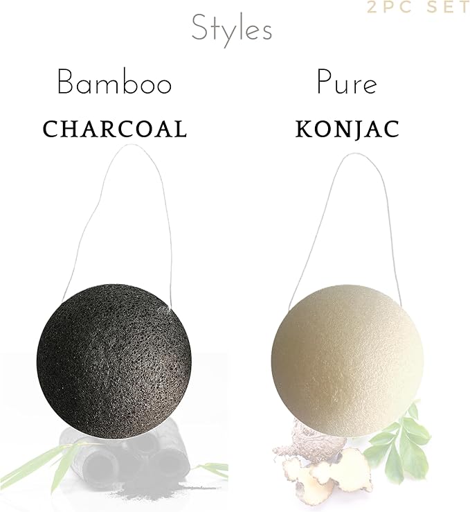 Padime 2pcs | Real Konjac Sponge Face | Natural for Face Cleansing | Korean Routine | Charcoal Sponge & Pure Konjac for Cleansing and Exfoliating | 100% Natural & EcoFriendly