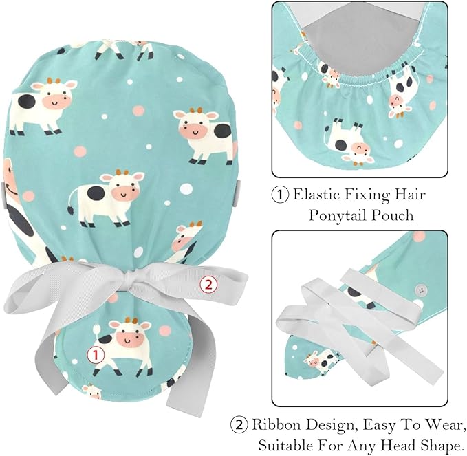 2 PCS Bouffant Cap with Button Ponytail Pouch Working Cap Sweatband Adjustable Surgical Cap Black and White Cow