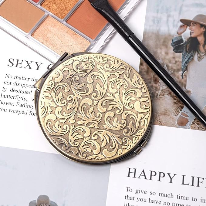 Retro metal compact travel mirror 1x/2x magnification compact portable foldable, used as a compact magnifying glass for wallets and pockets, distortion free folding portable compact mirror (bronze)