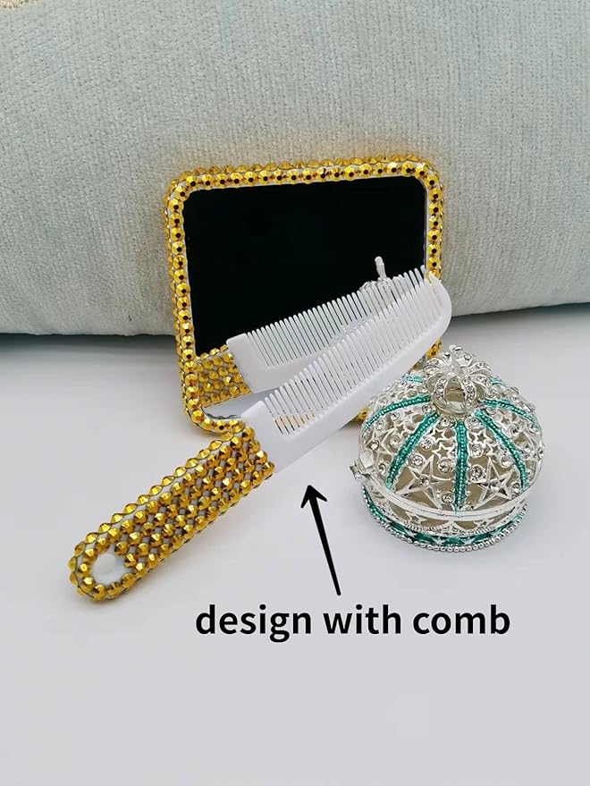 Sparkling Rhinestone Handheld Mirror Bling Hand Mirror Adorable Decorative Cosmetic Hand Mirror with Handle Glitter Makeup Mirror, Meaningful Gifts for Women Girls Golden