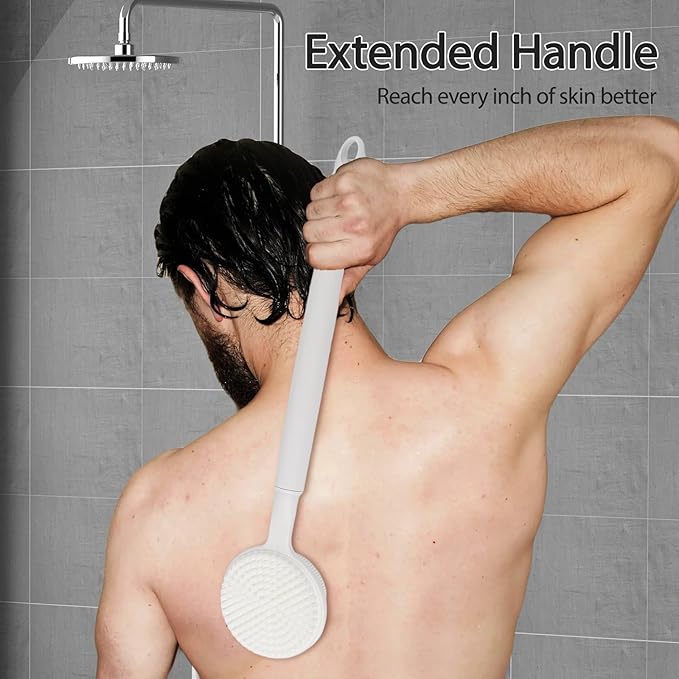 Silicone Back Scrubber for Shower - Adjustable Extendable (40-60 cm / 15.7"-23.6") Long Handle Body Brush with Foam-Generating Dual-Sided Heads for Men & Relaxing Massage Exfoliation