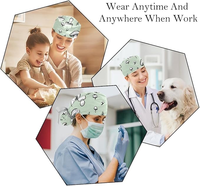 2 PCS Bouffant Cap with Button Ponytail Pouch Working Cap Sweatband Adjustable Surgical Cap Black and White Cow