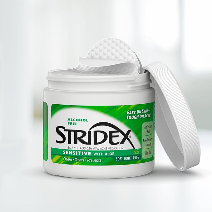Stridex Medicated Acne Pads, Sensitive, 55 Count β Facial Cleansing Wipes, Alcohol Free Face Treatment, For Mild to Moderate, Smooth Application