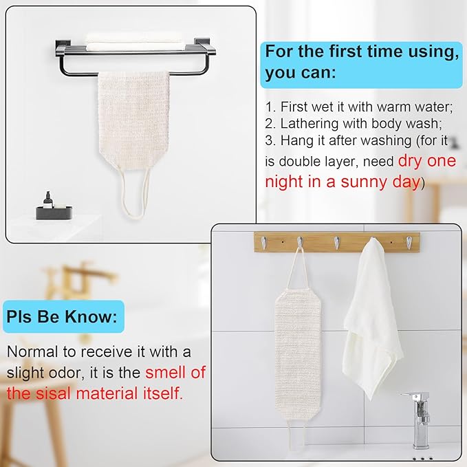 Sisal Exfoliating Washcloth Loofah Back Washer Scrubber for Men and Women, Thickness 0.2" Double Layer Double Sided Shower Scrub Bath Straps, Natural Hemp Net Sponge Exfoliating Towel with Handle