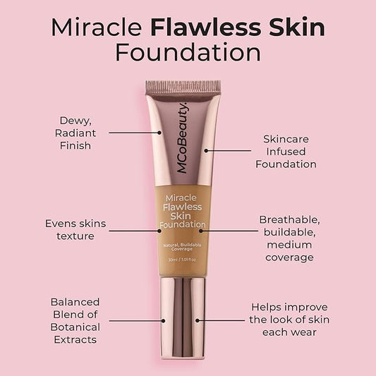 MCoBeauty Miracle Flawless Skin Foundation, 3 Light Nude, Natural, Buildable Coverage for All-Day Wear, Vegan, Cruelty Free Cosmetics