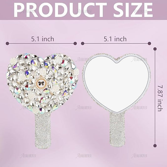 AUEAR, Rhinestone Handheld Mirror Bling Glitter Cosmetic Dazzling Portable Hand Mirrors with Handle for Women White Love Heart