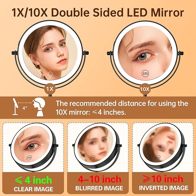 Gospire 7" Lighted Makeup Mirror with Magnification 10X/1X, Height Adjustable & 3 Color Dimmable Lights, 360Β° Swivel Double Sided Light up Rechargeable LED Cosmetic Vanity Cordless Standing