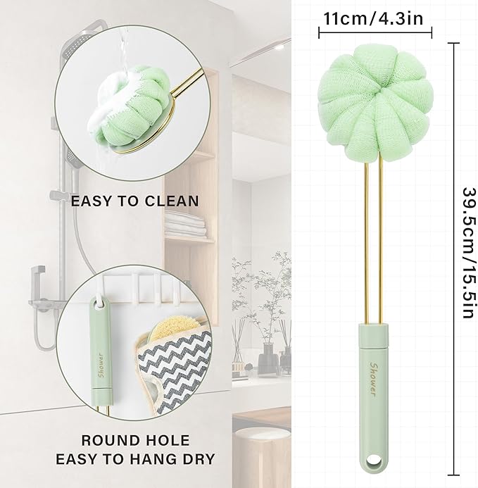 Premium Bath Brush | Double-Sided Availability|Shower Ball, Shower Ball, Pumice and Natural Sponge Heads | Effortless Full-Body Cleanse | Extra Long, Comfort-Grip Handle (Green)