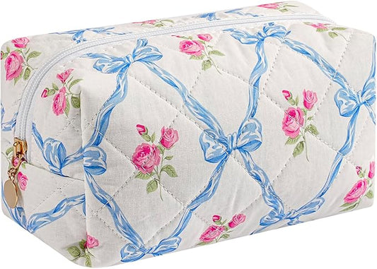 Cute Floral Cotton Makeup Bag, Quilted Makeup Bag for Women Girls, Travel Floral Cosmetic Bag Zipper Make Up Pouch, Flowers Toiletry Organizer Bag (Big Blue Bowknot)