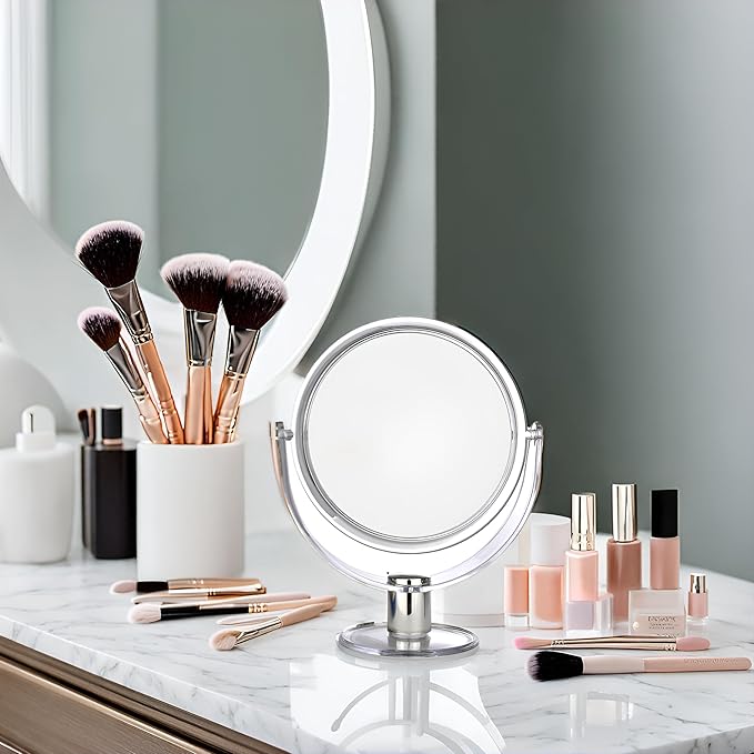 BNYD Vanity Makeup Mirror with Stand – Double Sided 1X/2X Magnification, 360° Swivel Desk Mirror, Portable Tabletop Magnifying Mirror for Bathroom, Bedroom, or Travel