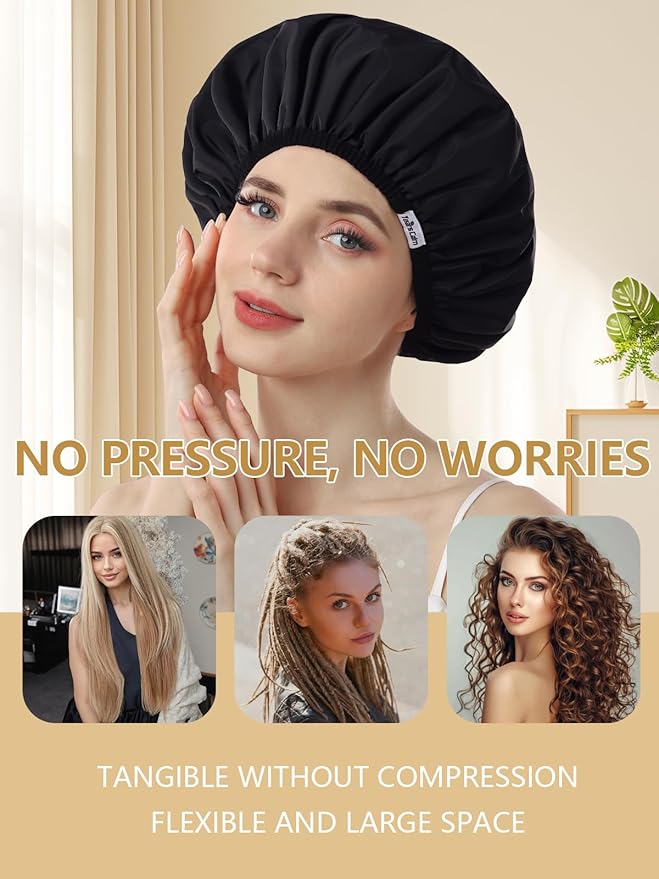 Years Calm Shower Caps For Women Reusable Waterproof,Pattern And Solid Color Dual-Layer Design For Dual-Layer Usable,Protects Hair In Shower, Spa, Cooking, Clean & Travel (Black, One Size)