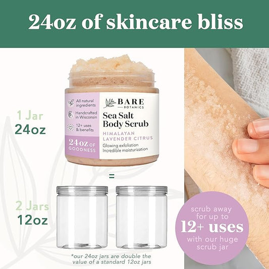 Bare Botanics Lavender Citrus Body Scrub 24oz | Made in Madison, WI | All Natural Himalayan Salt Exfoliator Skin Loving Moisturizers | Vegan & Cruelty Free | Gift Ready Packaging w/a Cute Wooden Spoon