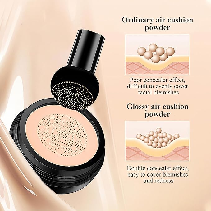 Mushroom Head Air Cushion CC Cream Foundation- Brightening Color Changing Foundation for Older Women, Moisturizing Full Coverage Self Adjusting Concealer Long-Lasting, Natural Finish (Buff Beige)