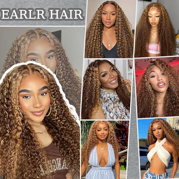 26inch Highlight Curly Lace Front Wigs Human Hair Balayage Brown Highlight 13X4 Deep Wave Wigs Human Hair Ombre Curly Wig #4/27 Colored Wigs for Women 180% Density