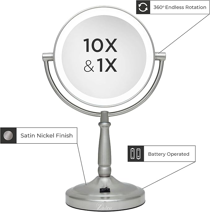 Zadro 9" Round LED Makeup Mirror with Lights and Magnification 5&10X/1X AA Battery Operated Swivel Lighted Makeup Mirror