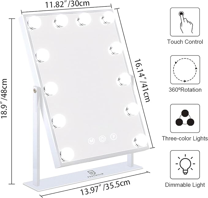 FENCHILIN Lighted Makeup Mirror Hollywood Mirror Vanity Makeup Mirror with Light Smart Touch Control 3Colors Dimmable Light Detachable 10X Magnification 360Β°Rotation(White)
