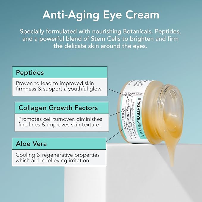 CLEARSTEM - BRIGHTEYES - Eye Gel - Nourishing Eye Cream - Lip Renewal - Cooling Gel - Stem Cells Blend - Peptides, Collagen, Aloe Vera - Vegan, Gluten Free - Beauty, Self Care, Skin Care - 0.6 fl oz