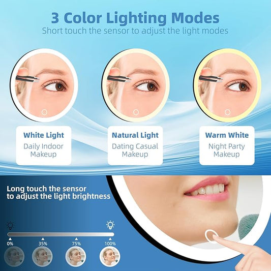 5X Magnifying Mirror with Lights, 5X Magnified Mirror with 3 Color Lights Adjustable Brightness, Rechargeable 6inch Travel Magnification with 3 Suction Cups - Includes Tweezers & Scissors