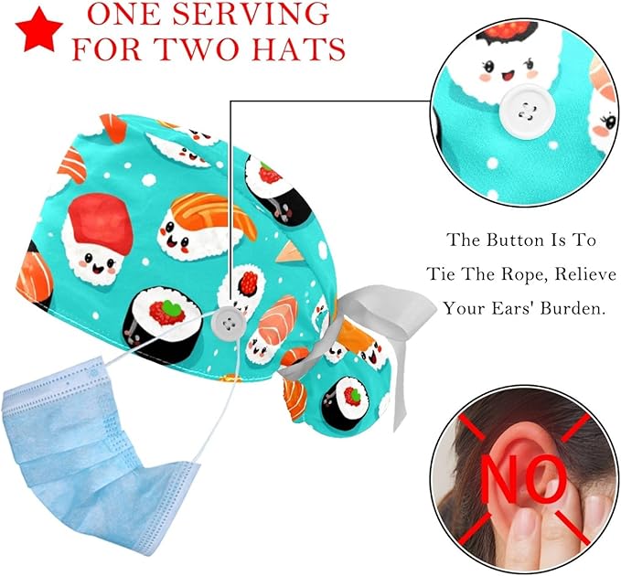 2 PCS Bouffant Cap with Button Ponytail Pouch Working Cap Sweatband Adjustable Surgical Cap Black and White Cow