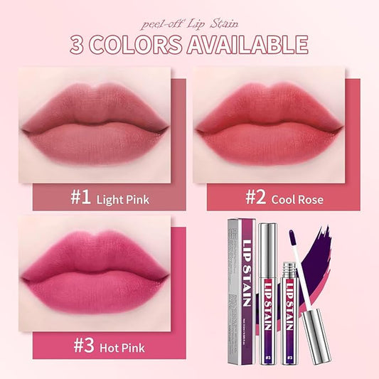 3 Pcs Peel Off Lip Stain Lip Tint Set, Lip Stain Peel Off Matte Lip Liner, Long-Lasting Lip Tint Stain Peel Off Lip Gloss, Waterproof Non-stick Cup Peel Off Lipstick Lip Stains for Women